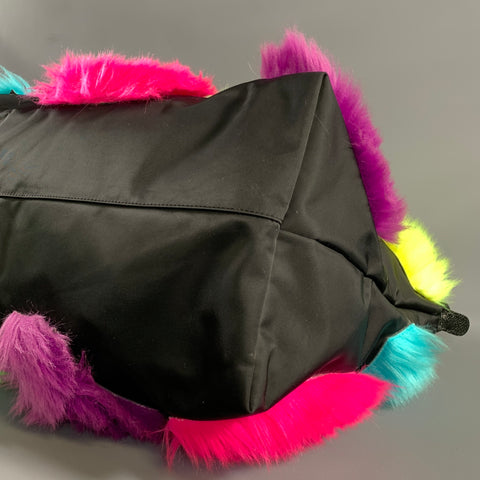 LONGCHAMP Black Color Block Nylon Faux fur Weekender Bag