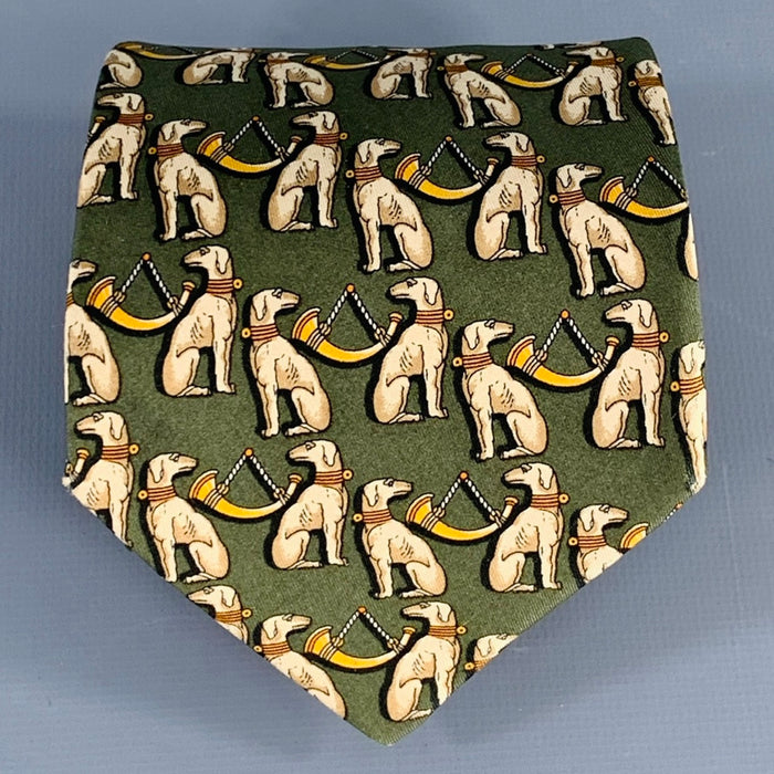 SALVATORE FERRAGAMO Green Beige Dogs Silk Tie