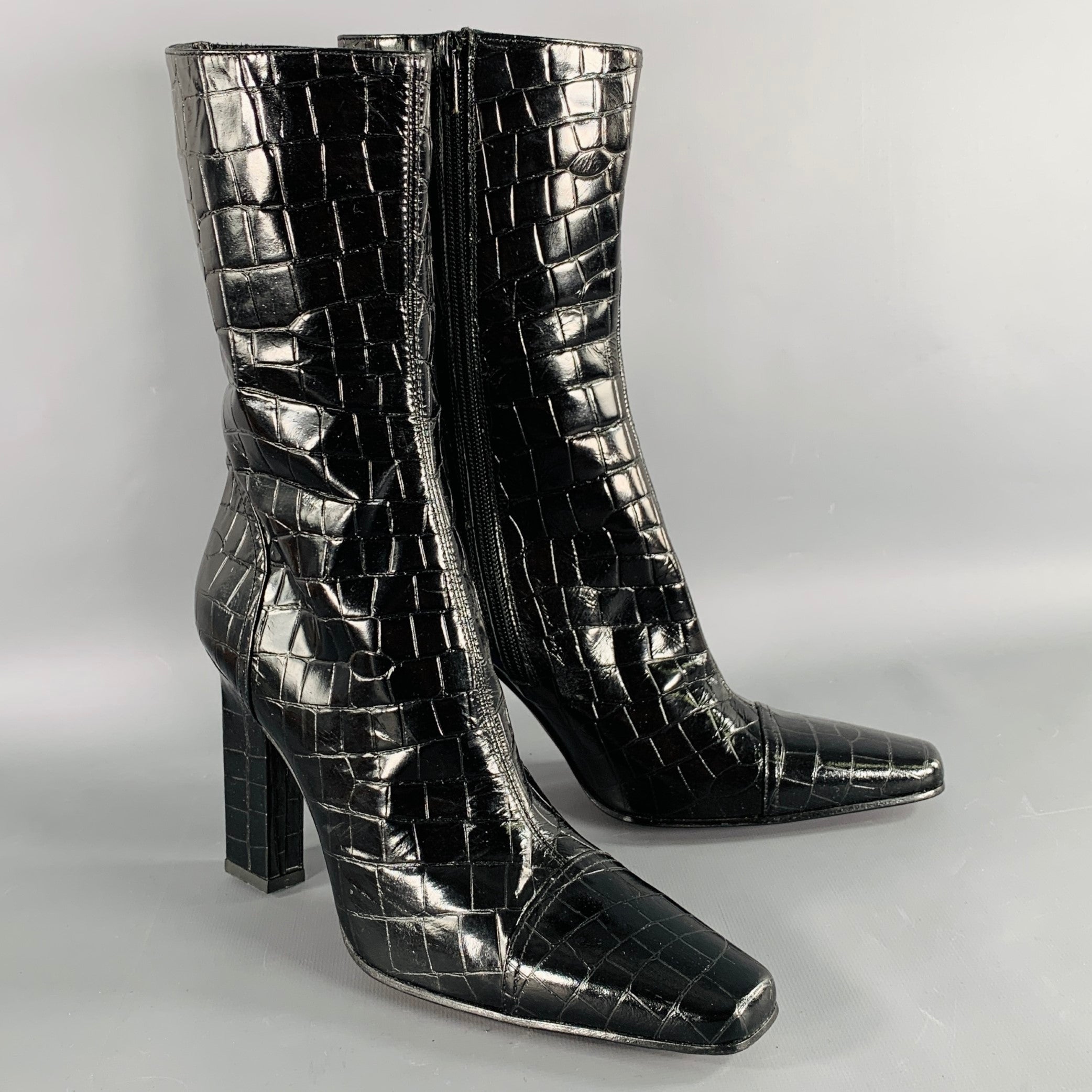 PACIOTTI Size 8 Black Leather Croc Embossed Side Zipper Boots Sui Generis Designer Consignment