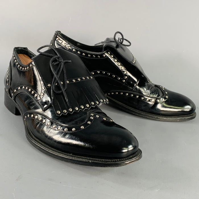 DSQUARED2 Size 11.5 Black Silver Studded Patent Leather Moccasin Lace-Up Shoes