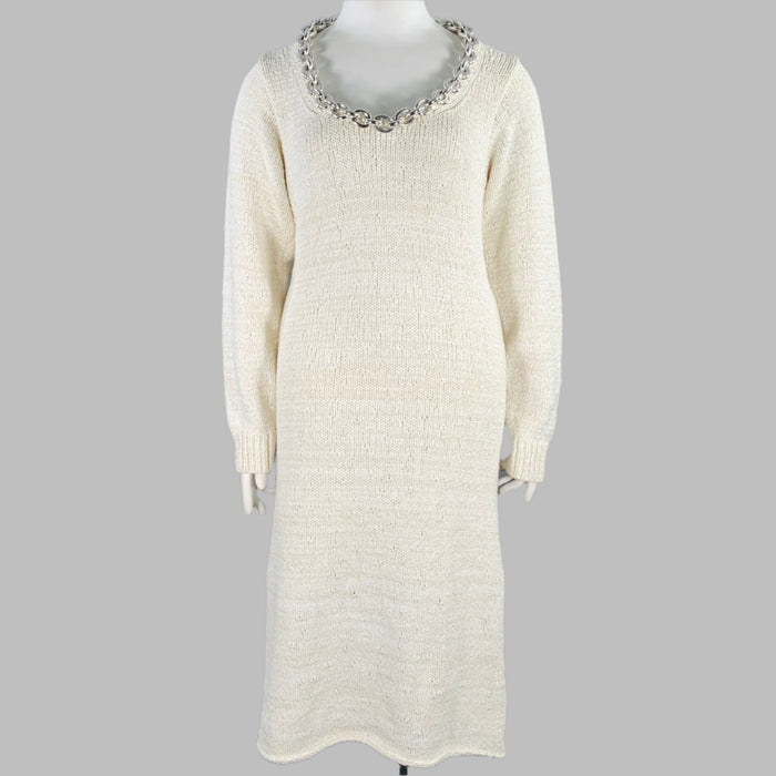 BOTTEGA VENETA Pre-Fall 2020 Size L Beige Silver Cotton Blend Chain Long Sleeve Dress