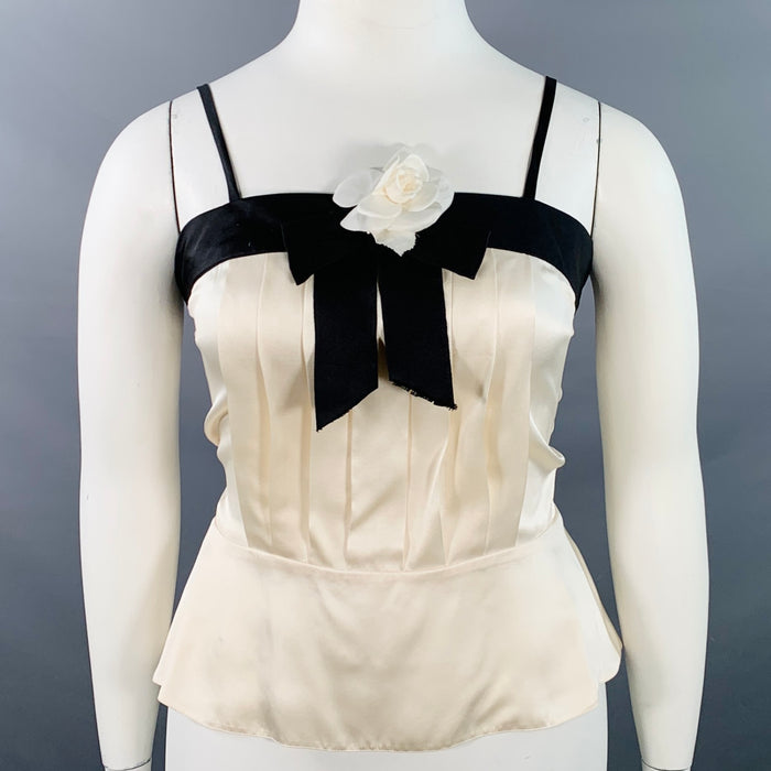 CHANEL Vintage 90s Size 10 Black Cream Silk Camisole Camellia Dress Top