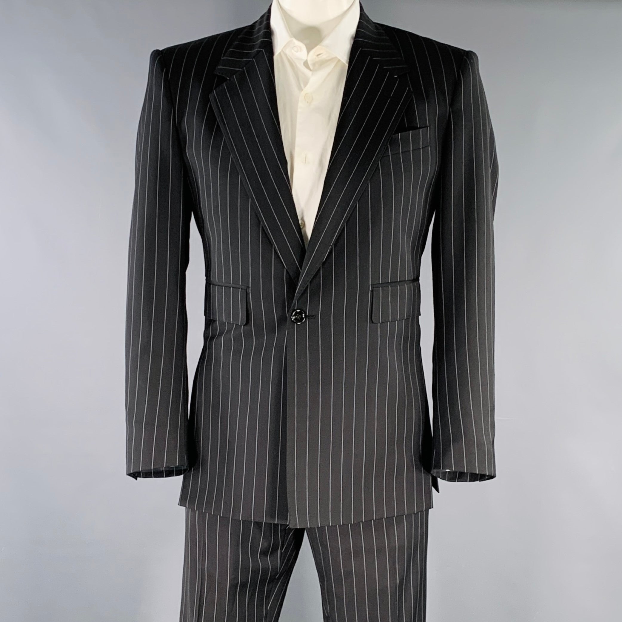DOLCE & GABBANA Size 42 Black Grey Pinstripe Polyester Blend Suit