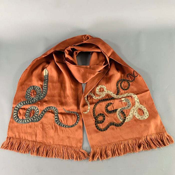DRIES VAN NOTEN Brown Grey Embroidered Snake Silk Satin Scarf