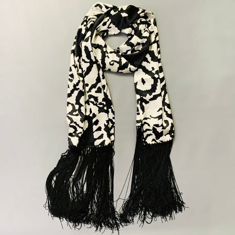 GIORGIO ARMANI Black White Print Silk Fringe Scarf Shawl