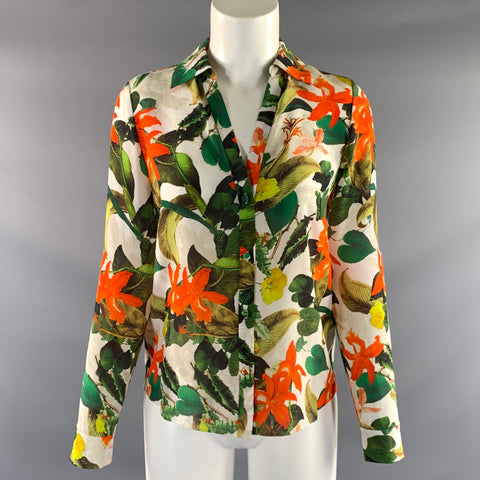 ALICE + OLIVIA Size XS White Green & Orange Silk Floral Button Up Casual Top