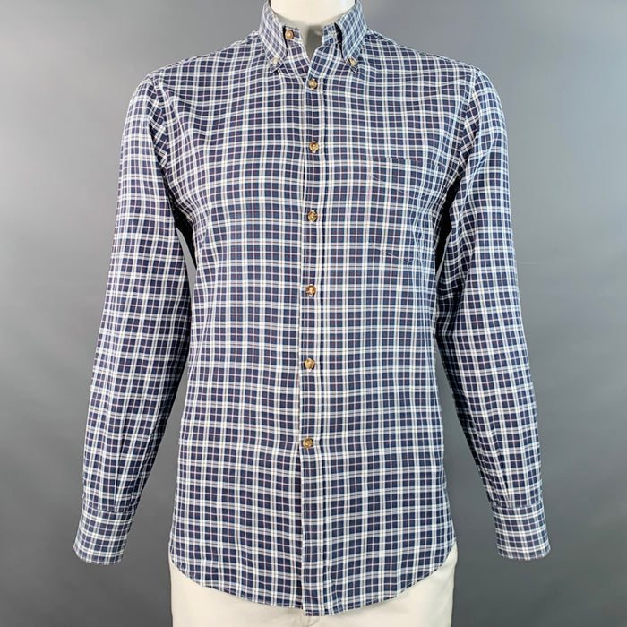 BRUNELLO CUCINELLI Size L Blue White Checkered Cotton Basic Fit Long Sleeve Shirt