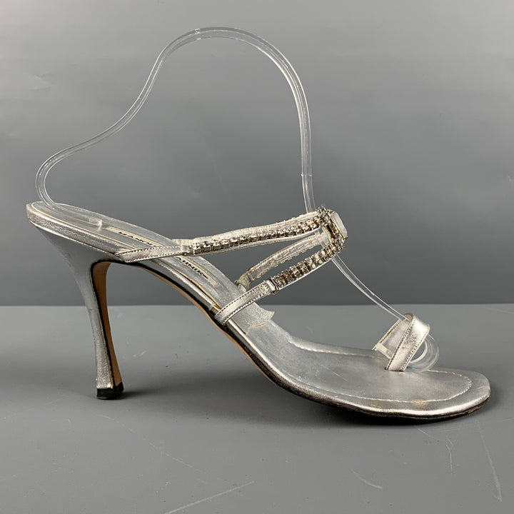 MANOLO BLAHNIK Size 10.5 Silver Leather Strappy Sandals