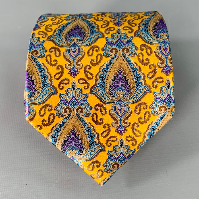ERMENEGILDO ZEGNA Gold Blue Abstract Silk Satin Tie