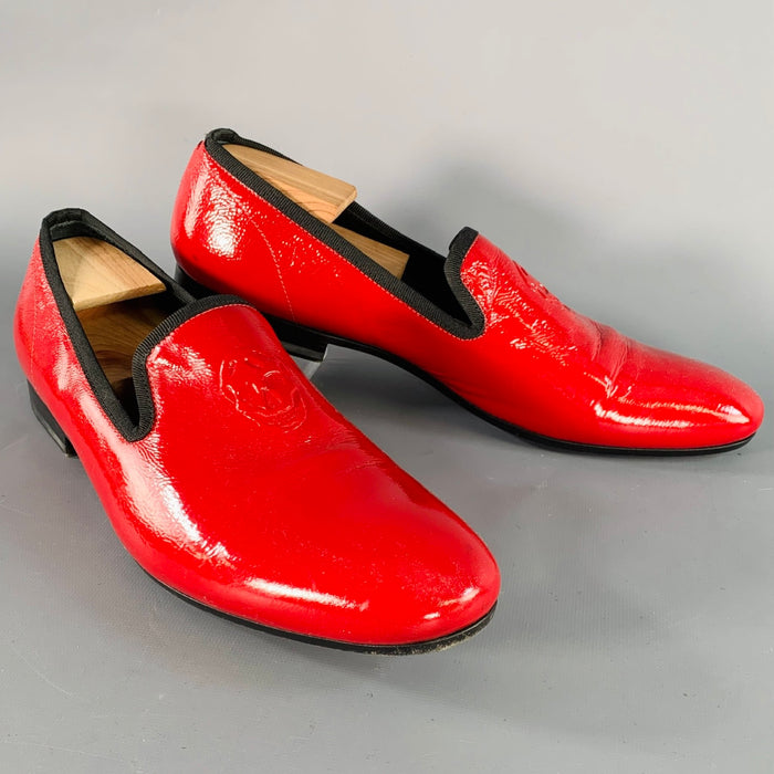 ALEXANDER MCQUEEN Size 12 Red Black Embossed Skull Patent Leather Slip On Loafers