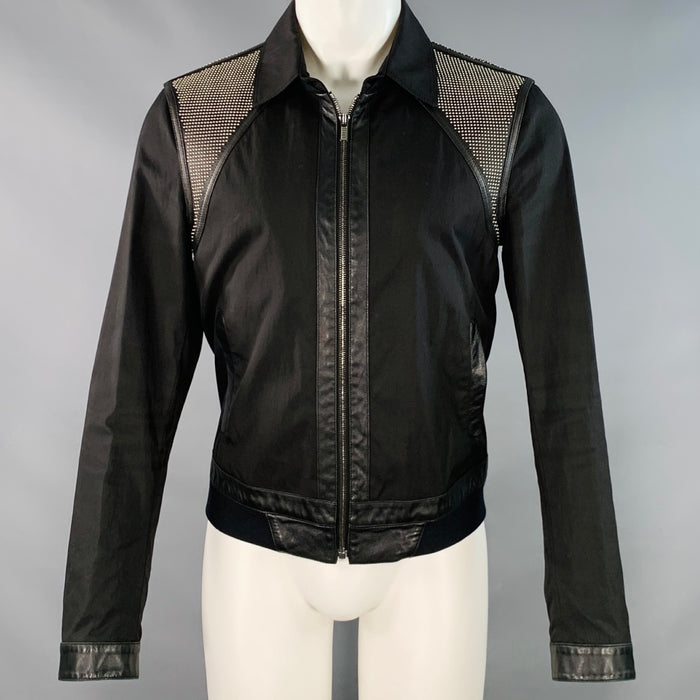 VERSACE Size M Black Silver Studded Cotton Blend Leather Trim Zip Up Jacket