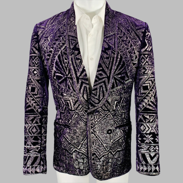 EMILIO PUCCI Size 38 Purple Silver Geometric Embroidery Velvet Shawl Sport Coat