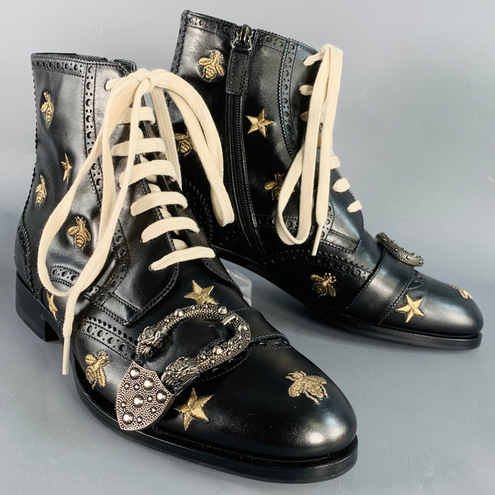 GUCCI Size 8.5 Dionysus Black Silver Gold Bee Stars Embroidery Buckle Boots
