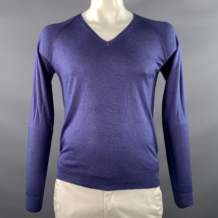 PRADA Size L Blue Knitted Wool Silk V-Neck Pullover