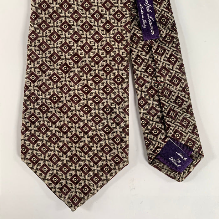 RALPH LAUREN Tan Burgundy & Brown Geometric Silk Tie