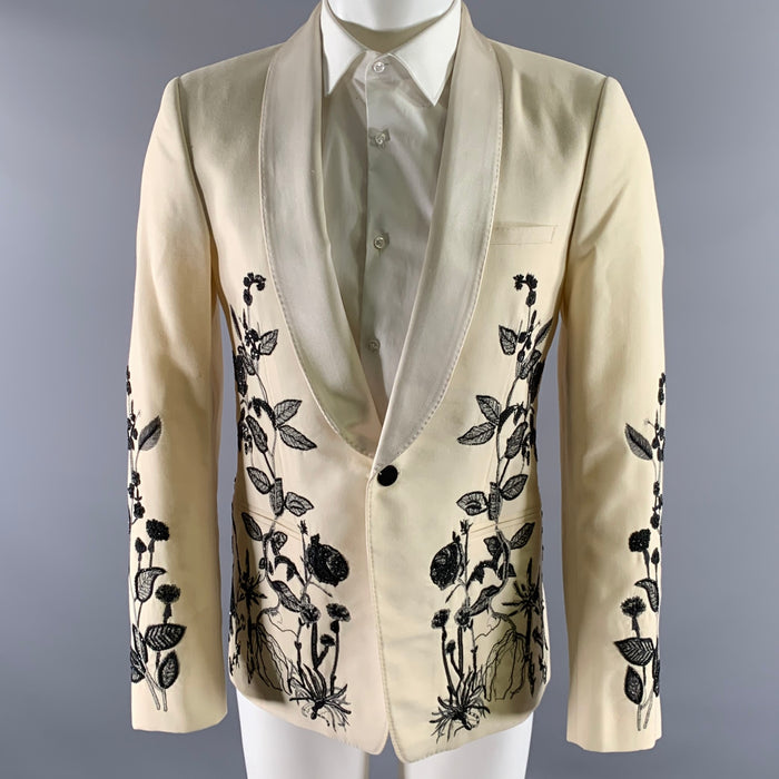 ALEXANDER MCQUEEN Size 38 Cream Black Embroidery Wool Mohair Sport Coat