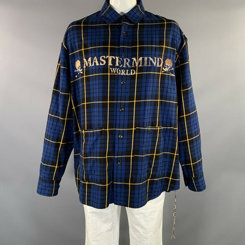 MASTERMIND JAPAN Size XL Navy Black & Yellow Plaid Cotton Long Sleeve Shirt