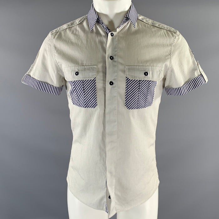 D&G by DOLCE & GABBANA Size XS White Navy Stripe Cotton Short Sleeve Shirt