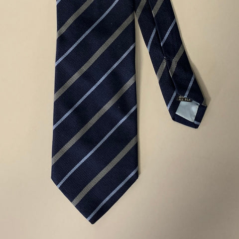 E. Marinella Navy Blue Grey Stripe Silk Tie