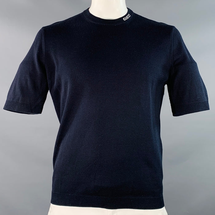 GUCCI Size XL Navy White Logo Silk Cotton Short Sleeve Crew Neck Pullover