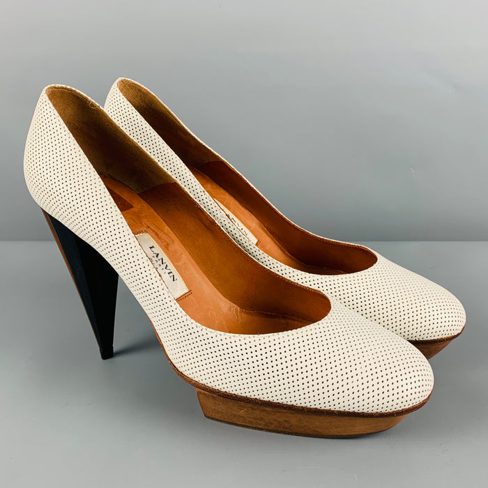 LANVIN Size 11 White Brown Leather Perforated Platform Pumps
