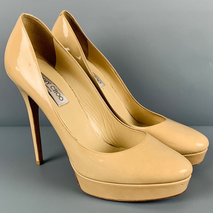 JIMMY CHOO Size 12 Beige Patent Leather Platform Pumps