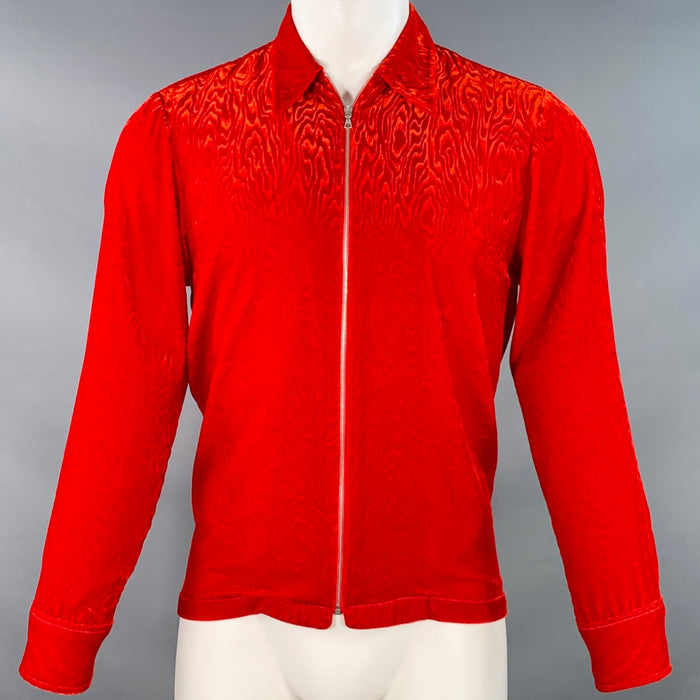 DRIES VAN NOTEN Size S Red Faux Bois Velvet Zip Up Long Sleeve Shirt