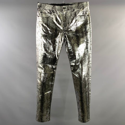 MCQ by ALEXANDER MCQUEEN Size 36 Silver Black Crackled Cotton Blend Jeans