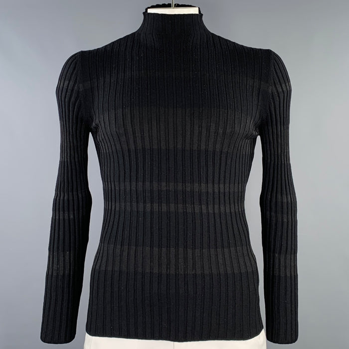 HERMES Size XXL Black Stripe Merino Wool Silk Ribbed Pullover