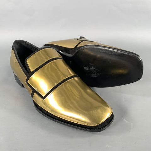 JIMMY CHOO Size 7.5 Gold Black Metallic Leather Slip On Loafers