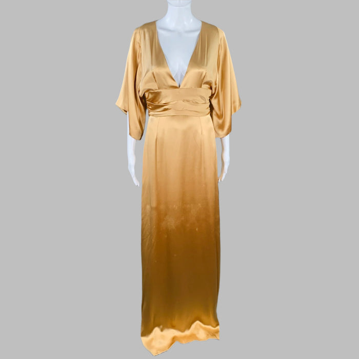 GUCCI Size 6 Gold Silk Ruched Short Sleeve Long Evening Gown