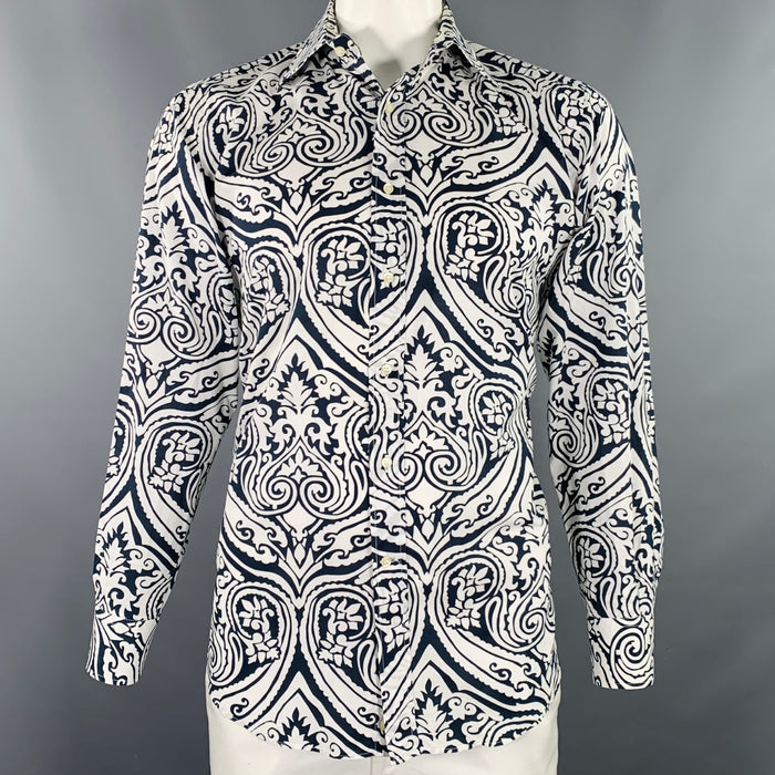 ETRO Size XXL White Navy Tapestry Cotton Long Sleeve Shirt