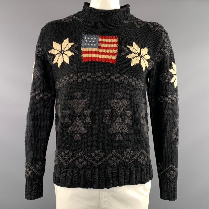 RALPH LAUREN Size L Black Grey & White Knitted Linen / Cotton Sweater