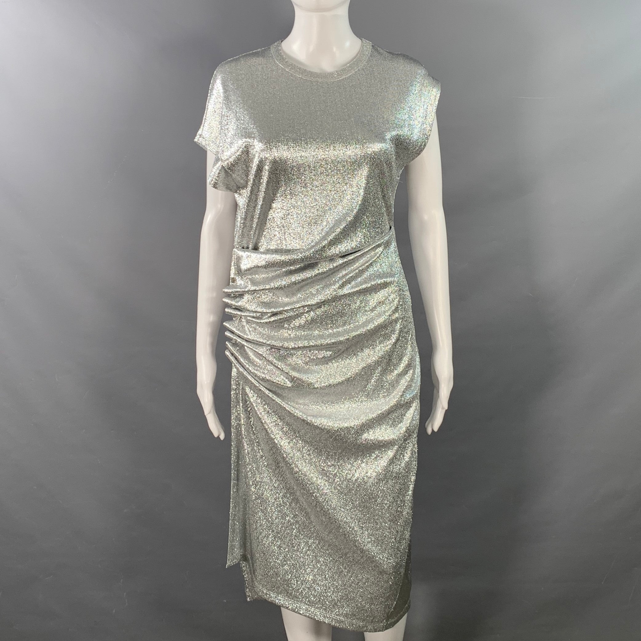 PACO RABANNE Size 4 Silver Viscose Blend Cap Sleeves Asymmetrical Midi – Sui Generis Designer Consignment