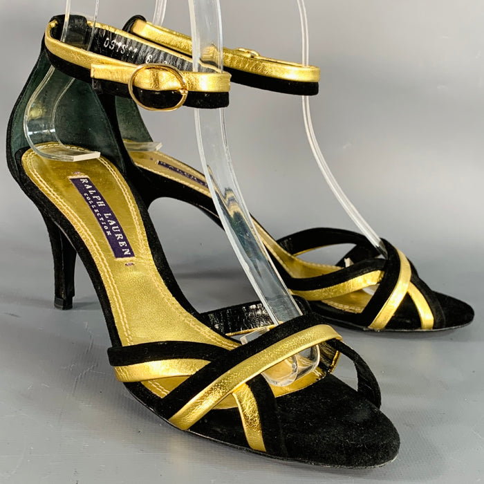 RALPH LAUREN COLLECTION Size 6 Black Metallic Gold Suede Leather Strappy Ankle Strap Sandals