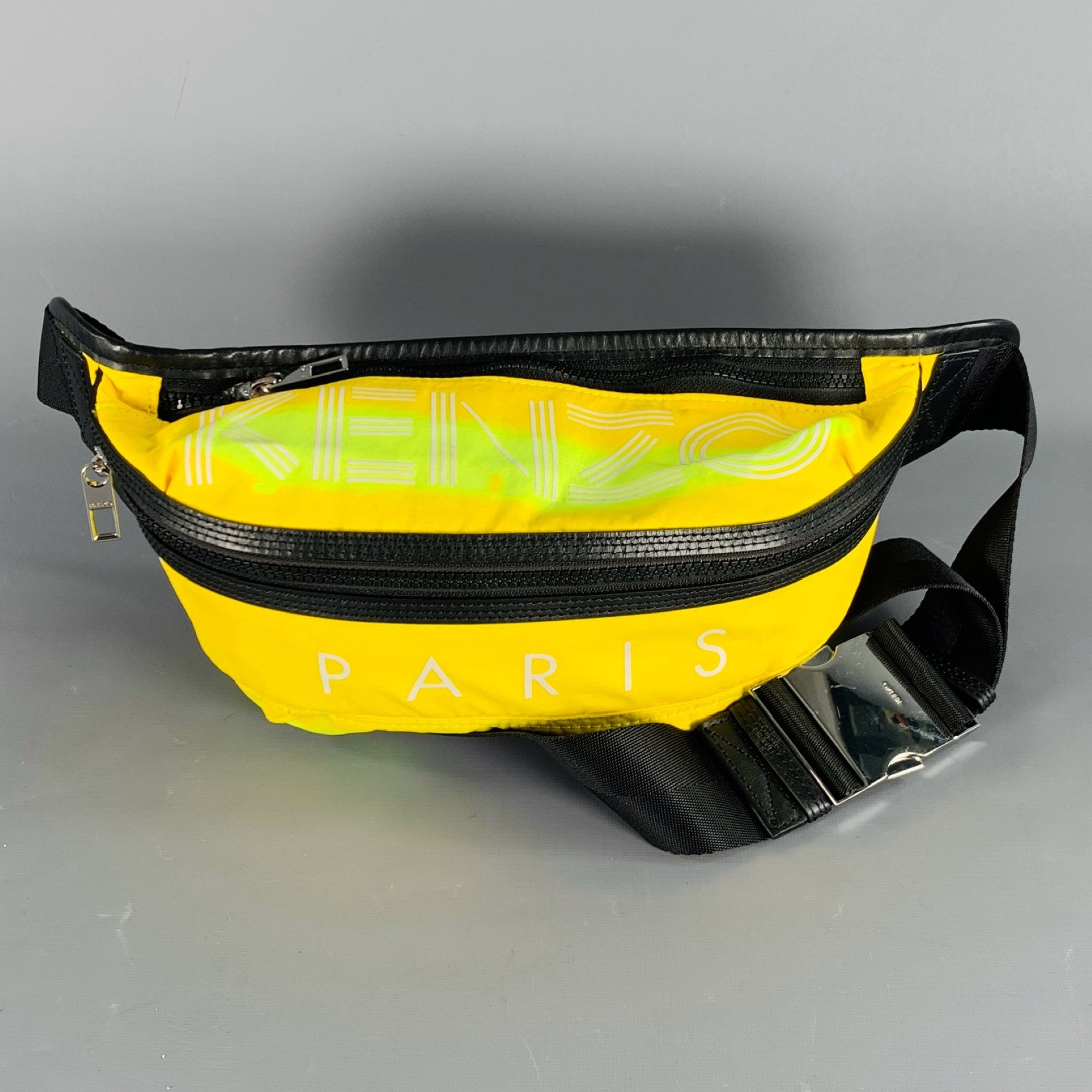 KENZO Yellow Black Logo Nylon Leather Double Zipper Belt Bag Sui Generis Designer Consignment