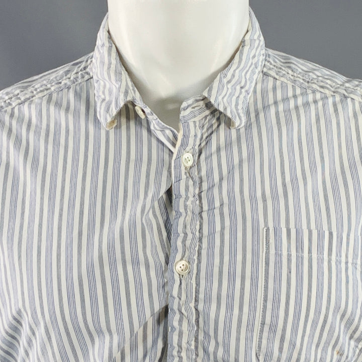 UNDERCOVER SS17 Size M White Blue Stripe Cotton Ruched One Pocket Long Sleeve Shirt