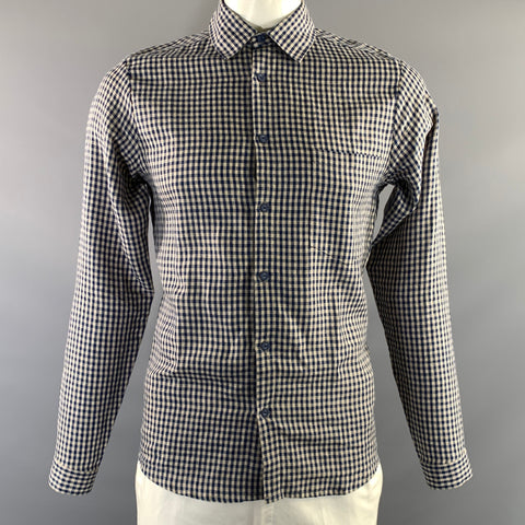 FRANK LEDER Size S Beige Blue Gingham Linen Button Up Long Sleeve Shirt