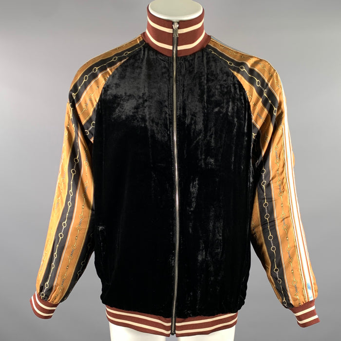 GUCCI Size L Black Gold Burgundy Chain Print Viscose Silk Track Jacket