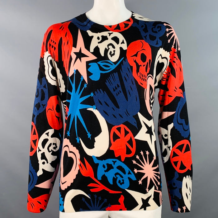 ALEXANDER MCQUEEN AW21 Size L Mystical Print Black Multi Color Print Wool Crew Neck Pullover