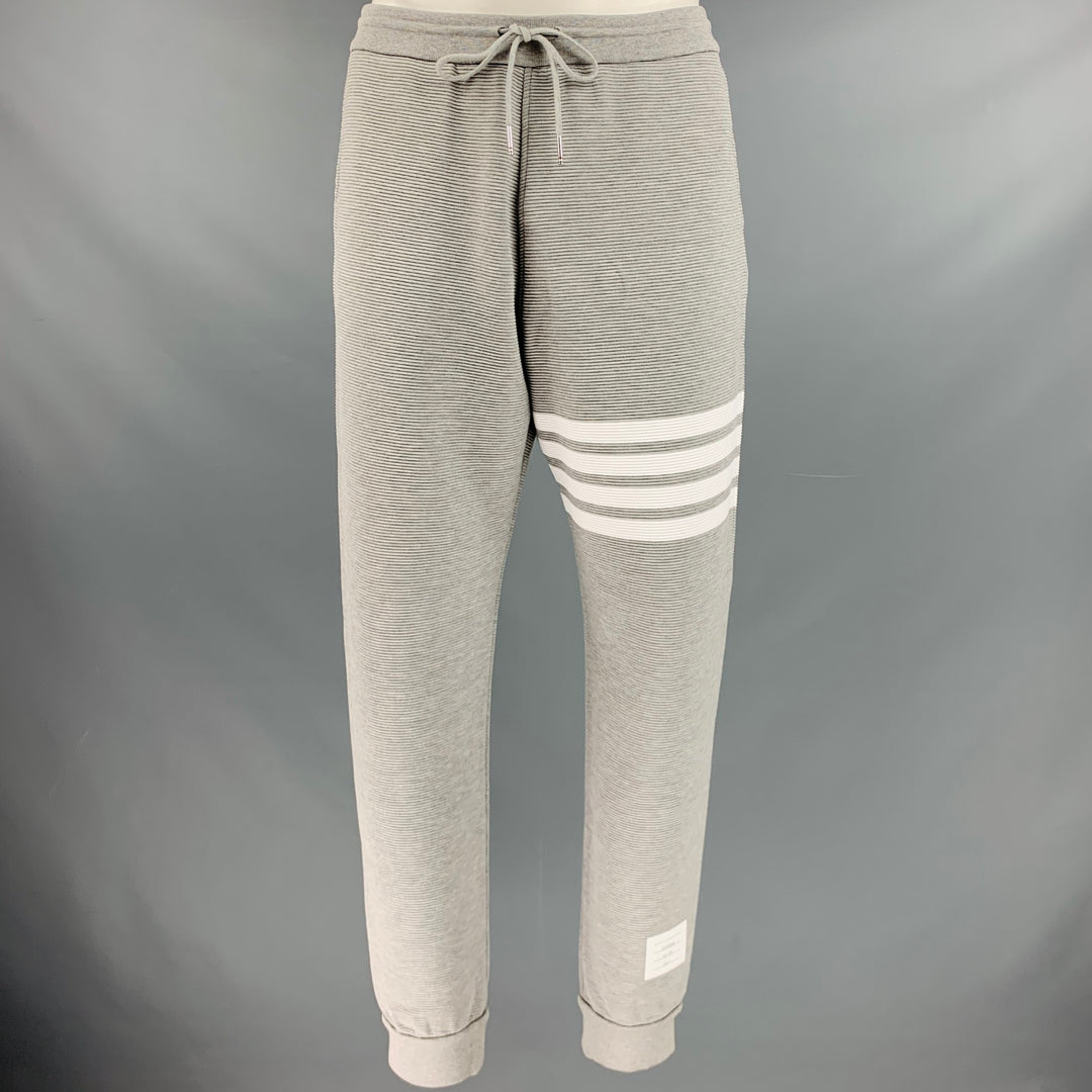 THOM BROWNE Size L -Ottoman 4 Bar- Grey White Ribbed Cotton Sweatpants Casual Pants