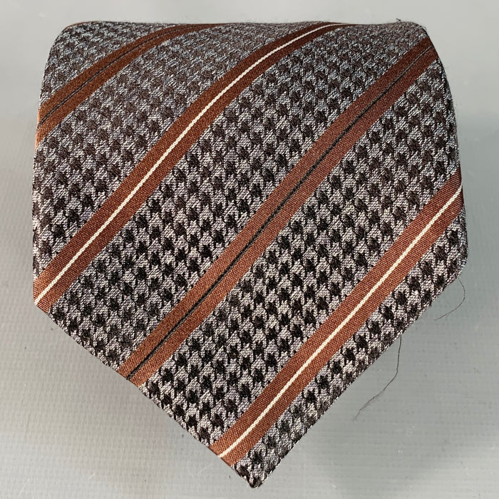 BRIONI One Size Brown Grey Houndstooth Diagonal Stripe Silk Tie