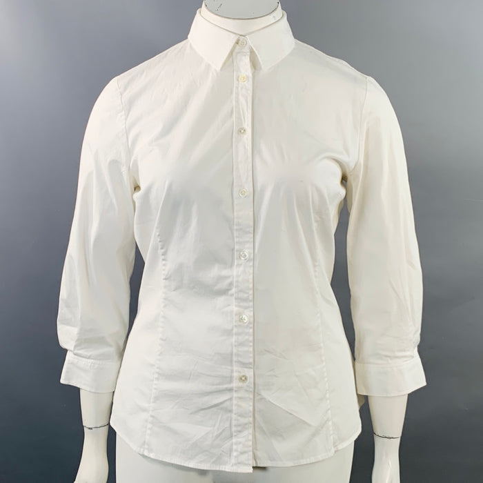 CAROLINA HERRERA Size 14 White Cotton Blend 3/4 Sleeves Spread Collar Shirt