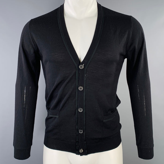LANVIN Size 38 Black Knit Ribbon Trim V-Neck Cardigan