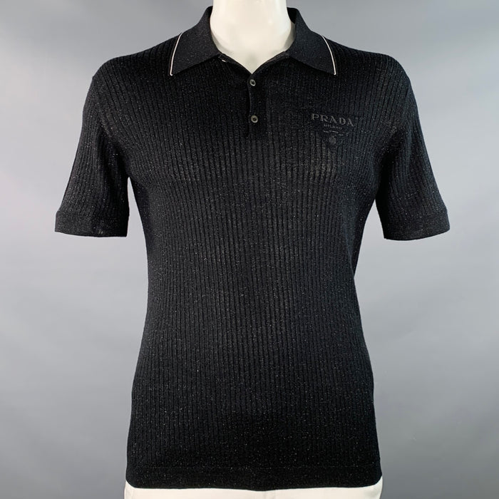 PRADA Size L Black Gold Shimmer Rib Knit Cashmere Blend Short Sleeve Polo