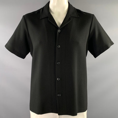 SANDRO Size XXL Black Polyester Blend Button Up Short Sleeve Shirt