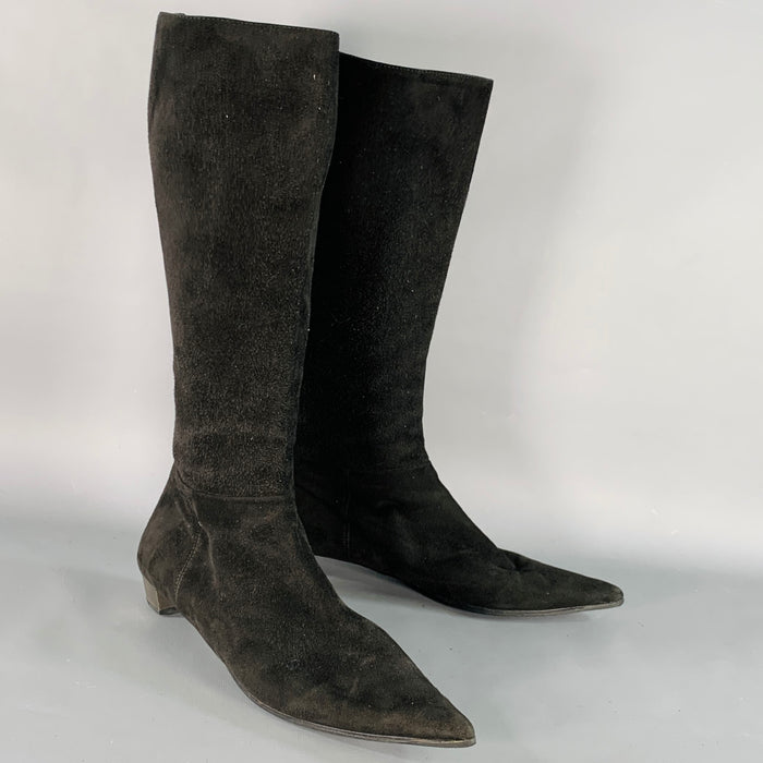 PRADA Size 7.5 Black Silver Suede Back Zip Pointed Toe Calf High Boots