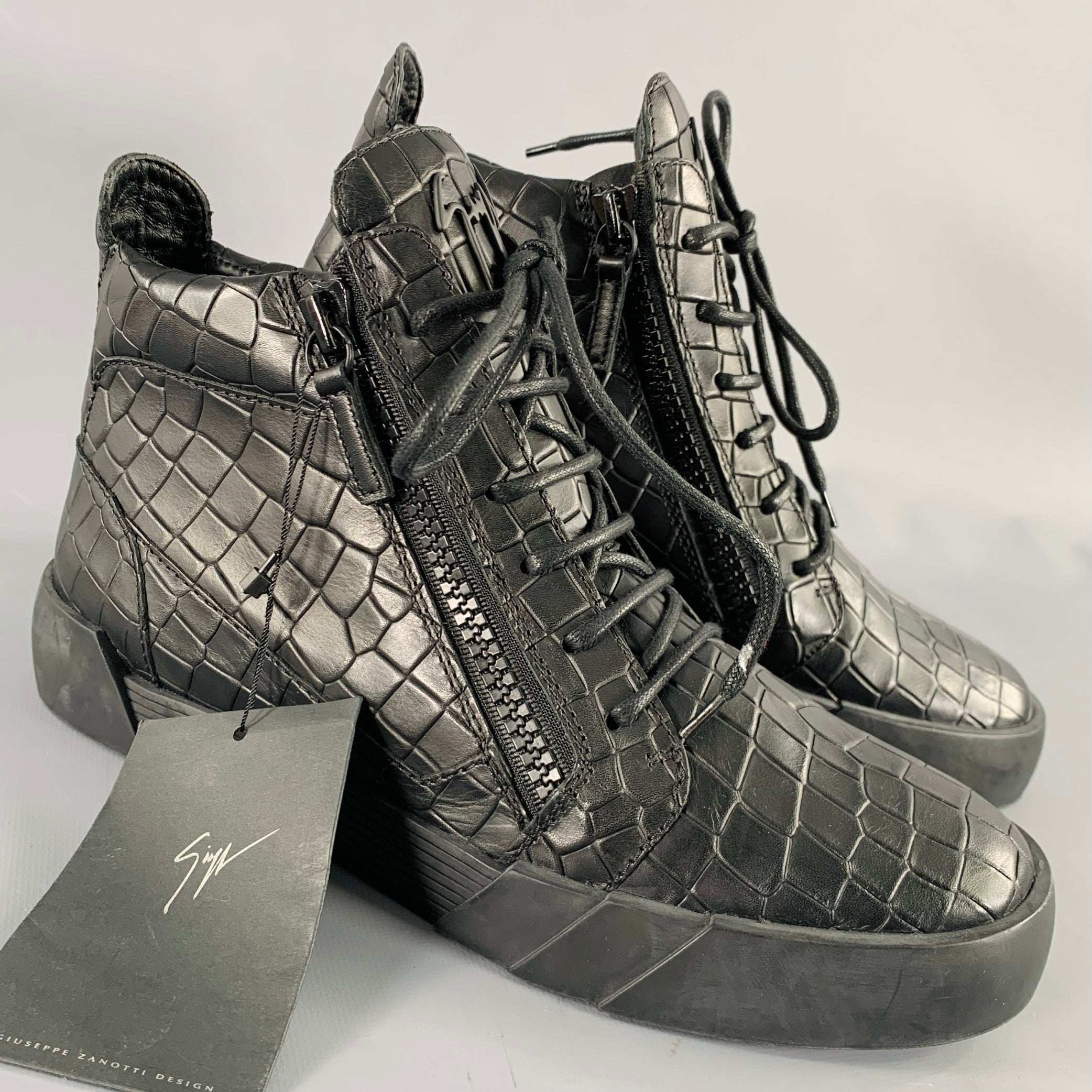 GIUSEPPE ZANOTTI Size Black Croc Embossed Leather High Top Sneakers