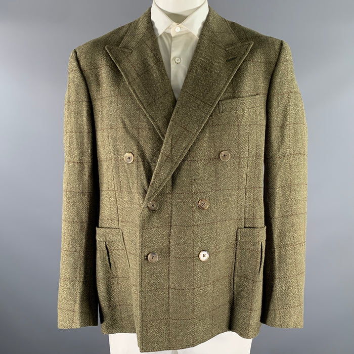 RALPH LAUREN Size 46R Green Brown Window Pane Wool Linen Silk Sport Coat