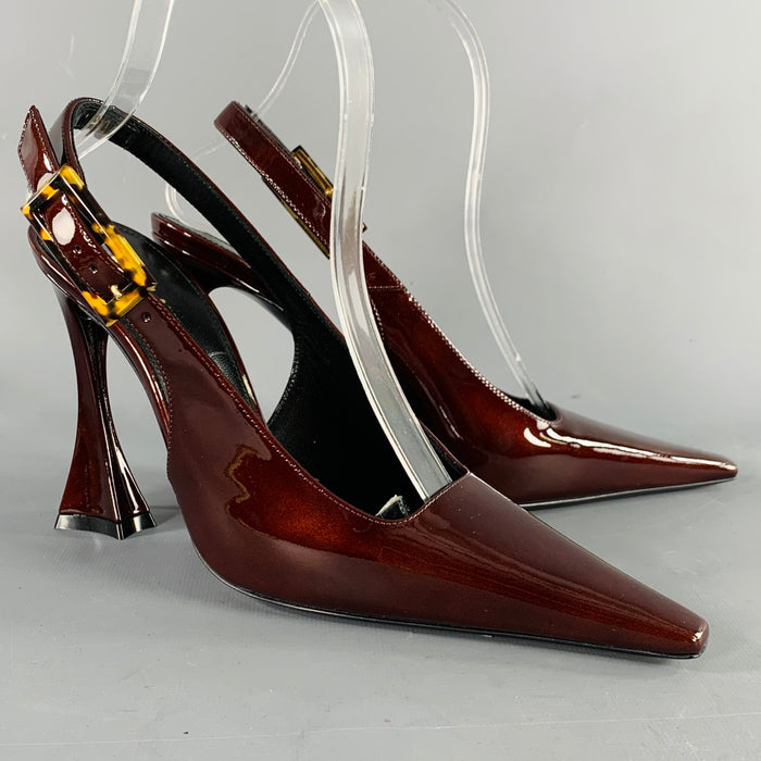 SAINT LAURENT Size 7 Dune Brown Patent Leather Slingback Pumps